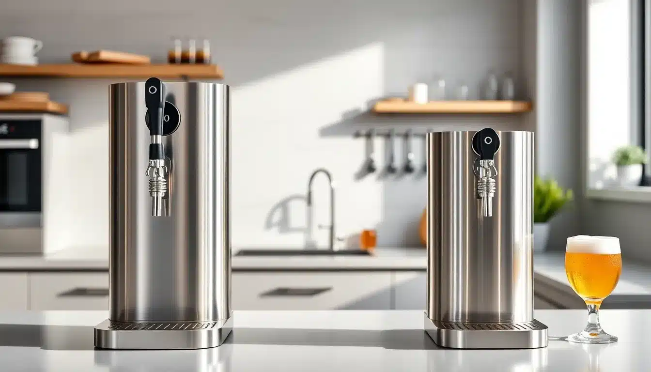 Comparaison tireuses bière professionnelles Kontakt 40 et Pygmy 25K côte à côte dans cuisine moderne avec verres de bière fraîche