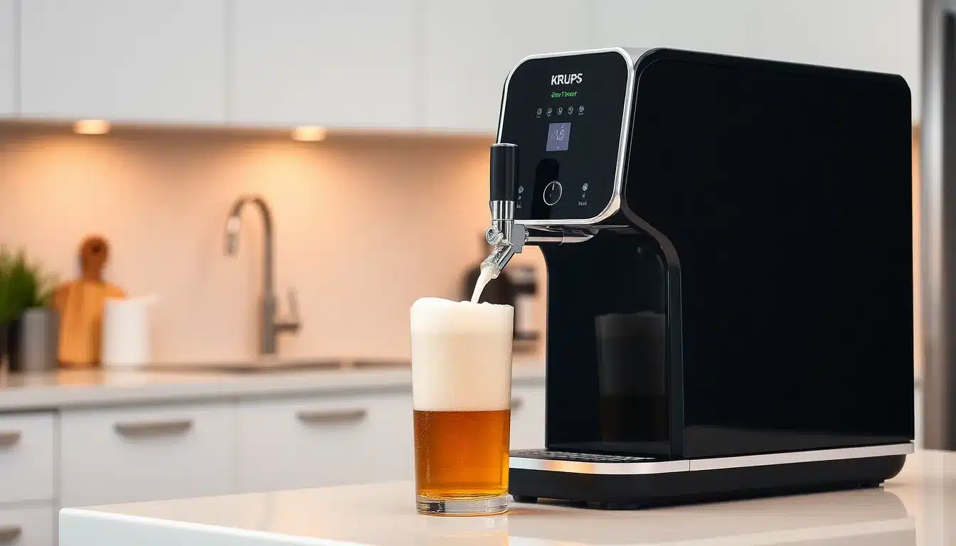 Tireuse à bière Krups BeerTender VB700800 design noir et chromé sur comptoir cuisine moderne avec verre de bière pression fraîche