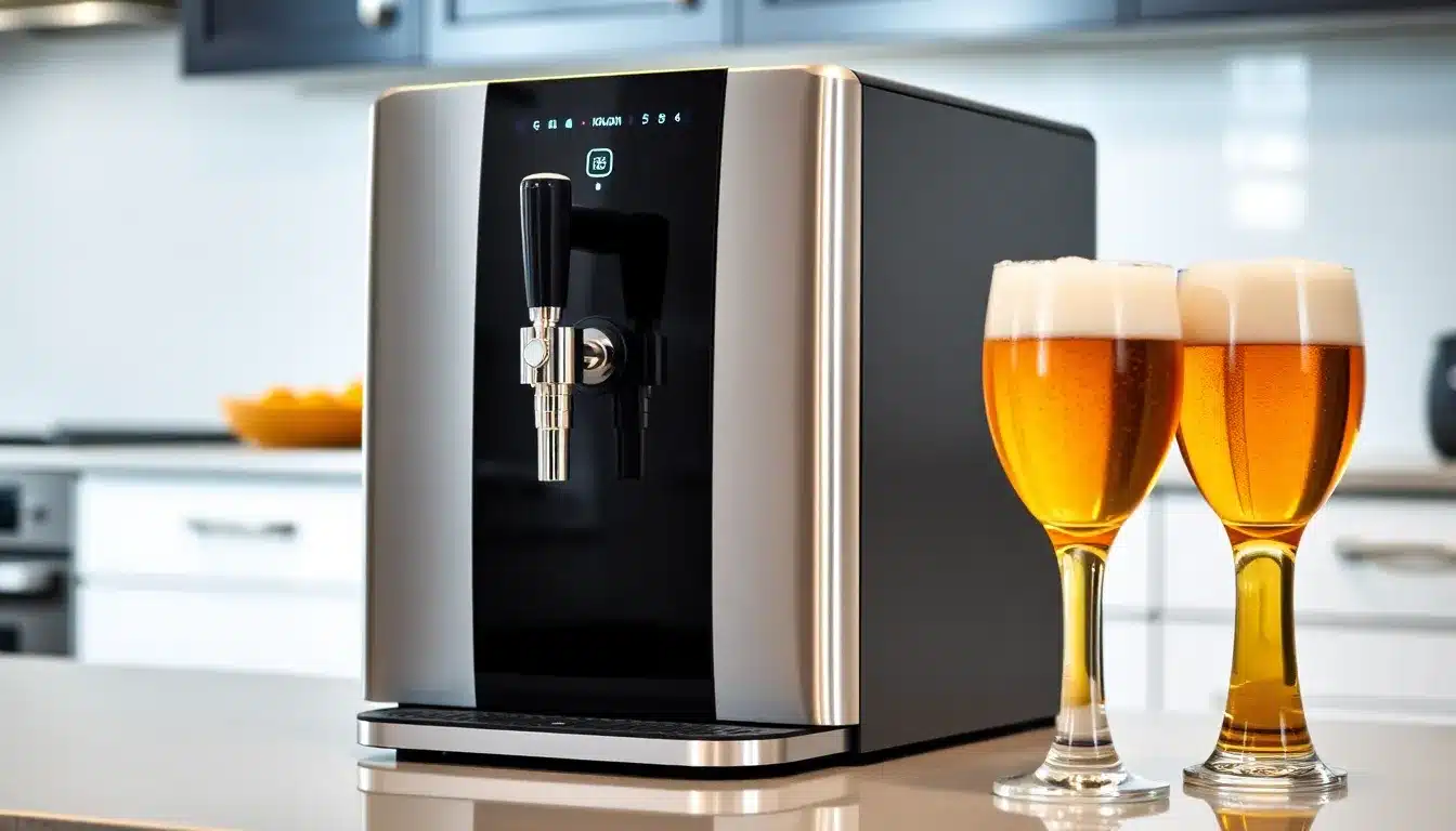 Machine à bière H.Koenig en inox et noir sur plan de travail avec verres de bière dorée à mousse parfaite