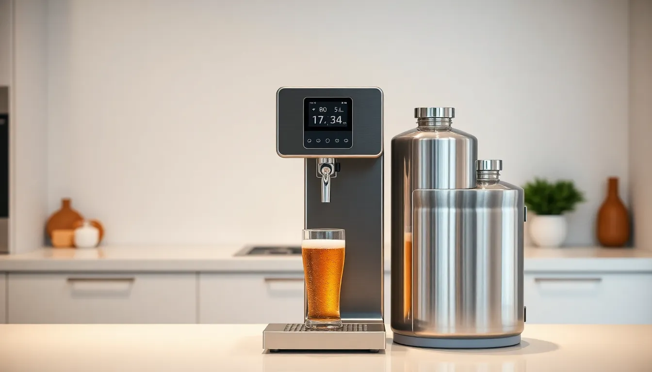 Tireuse à bière en acier inoxydable avec écran LCD dans une cuisine moderne, fût de 5L connecté, éclairage professionnel