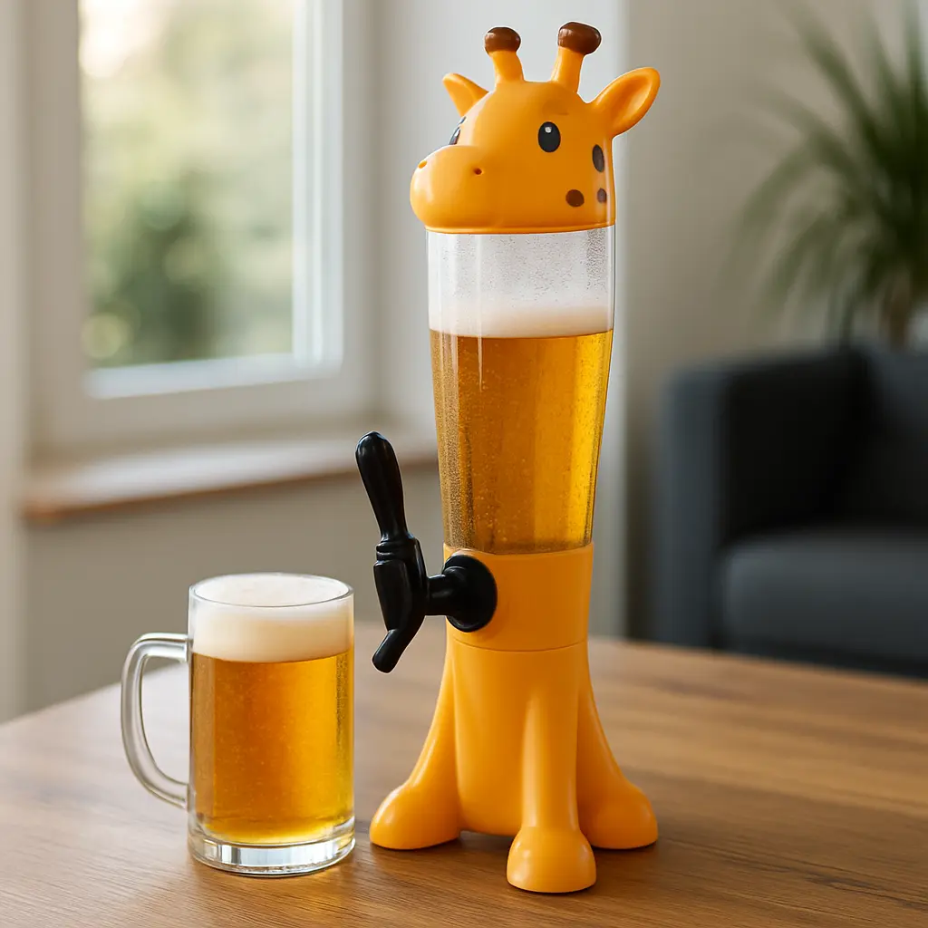 Girafe à bière Relaxdays 2,5 L, colonne distributeur de table en plastique avec socle noir, contenant transparent gradué et robinet en façade